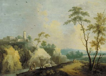 A mountainous river landscape with a couple on a boat and a shepherd with his flock, a village beyond