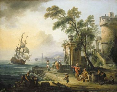 A capriccio of a Mediterranean port with oriental figures, a man-o-war at sea beyond