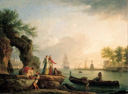 A Mediterranean port at sunset with a Levantine couple on an outcrop and fishermen unloading their catch