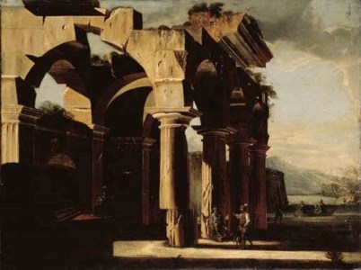 A capriccio of architectural ruins with figures