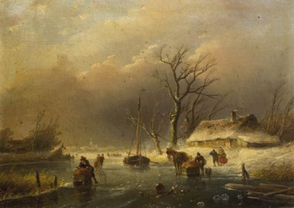 A winter landscape with skaters on a waterway