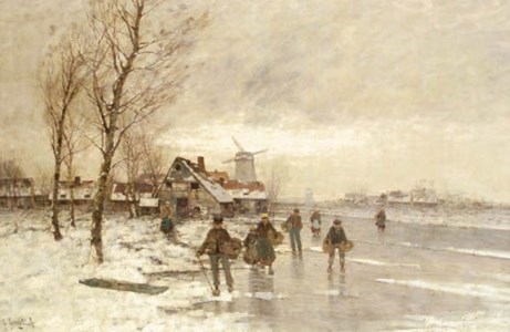 A winter landscape with figures on a frozen waterway