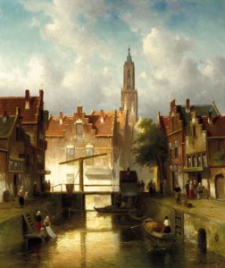 Figures on a quay in a town
