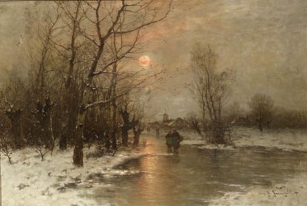 Peasants on a frozen waterway at dusk