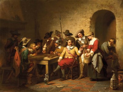Soldiers playing backgammon in a tavern