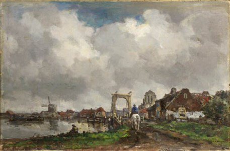 A horseman crossing a drawbridge, a town beyond