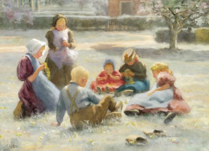 Children plaiting flower crowns in a summer meadow