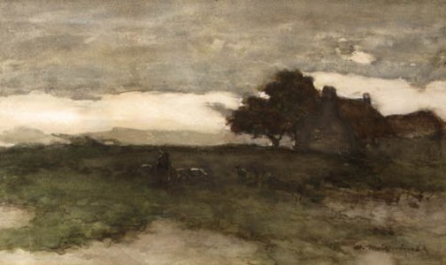 Shepherd with flock in a polder landscape