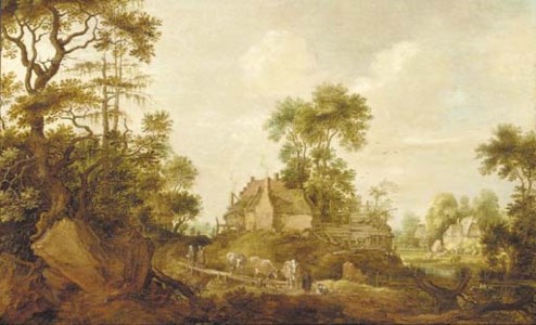 A wooded landscape with a drover and cattle on a track