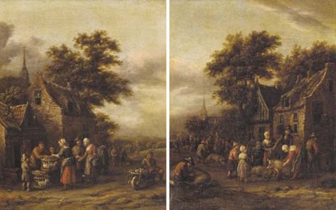 Peasants buying chickens at a village market; and Peasants with pigs at a village market