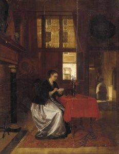 A lady writing in a Dutch interior