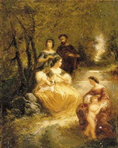 Figures by a stream in a woodland glen