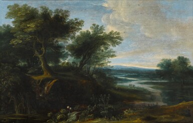 Wooded landscape with a river and thistles