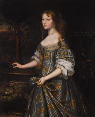 Portrait of Jane Monins (c.1640-99), three-quarter length, in a blue and gold dress