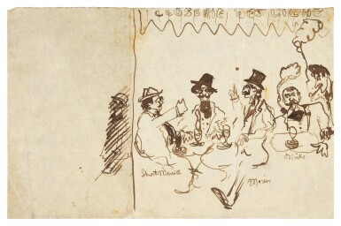Caricatures: Closerie des Lilas (Stuart Merrill, Paul Fort, Moréas, Deniker, Cocteau)