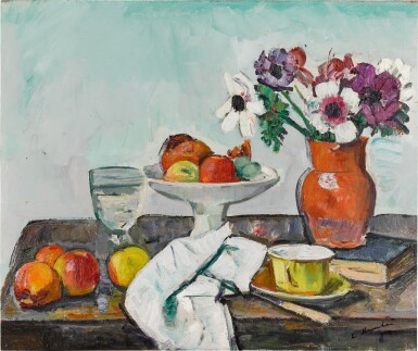 Still Life of Anemones in a Red Vase with Yellow Teacup and Apples