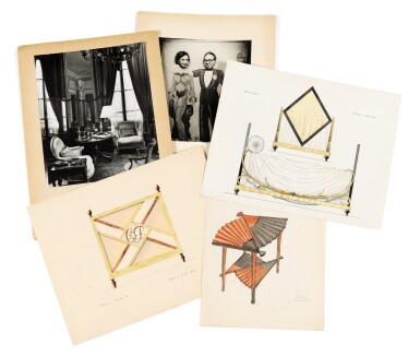 A drawing by Emilio Terry accompanied by two photographs and two drawings by Emilo Terry's Studio