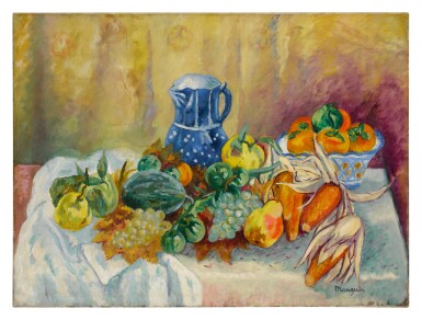 Melon, raisins, poires, maïs et pot bleu