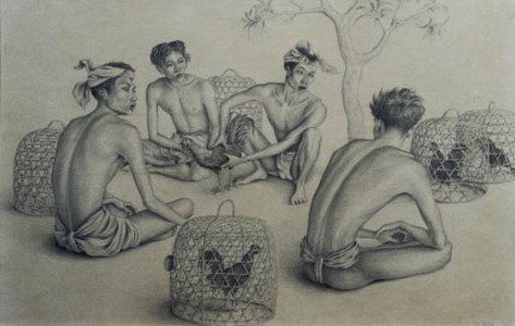 Four young Balinese with fighting cocks