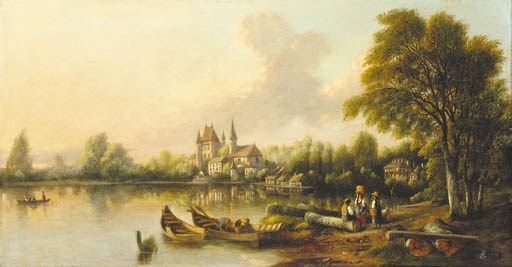 Figures in conversation by a lake with a Chateau beyond