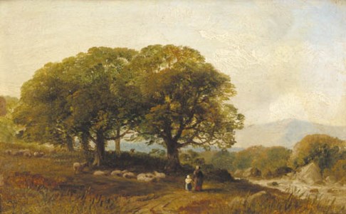 Figures by a flock of sheep on a riverside track