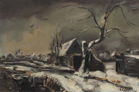 A winterlandscape with a house along a waterway