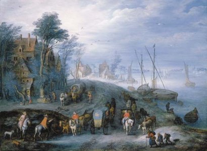 A river landscape with travellers in carriages on a path, shipping beyond
