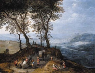 An extensive landscape with travellers on a path overlooking a valley, a city beyond