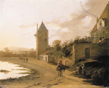 An Italianate landscape with travellers on a path before the Plompetoren, Utrecht