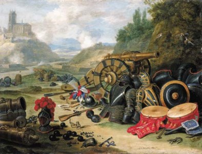 Weapons and accoutrements of war in a battlefield, a river and a church on a hill beyond