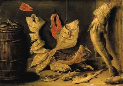 Plaice, skate and other fish beside a barrel