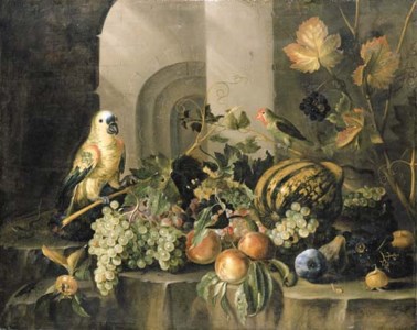 A parrot, a parakeet, a melon, bunches of grapes, peaches, and other fruit, with a lizard, a beetle and other insects, on a rocky ledge