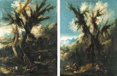 A mountainous landscape with figures by a tree; and A wooded river landscape with figures resting