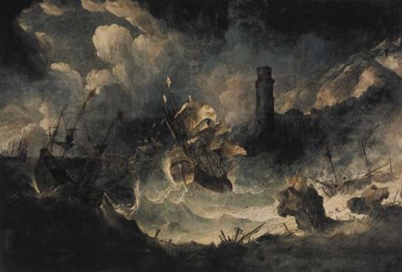A coastal landscape with ships in a storm