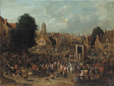 A town square with actors from the Commedia dell'Arte performing for villagers on market day