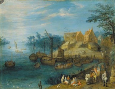 A river landscape with travellers and other figures on a path and boats moored before a village