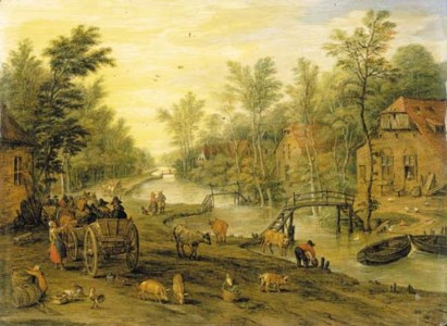A wooded river landscape with travellers in horse-drawn carts and livestock, a row of farmhouses along the far bank