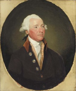 Portrait of a gentleman, said to be Sir John Leeds, Bt. (d. 1811), bust-length, in a brown jacket with a velvet collar, striped lining and a white cravat, in a painted oval