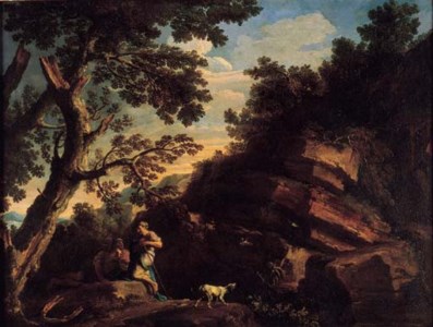 A rocky river landcsape with figures conversing beneath a tree and a dog barking at flying birds