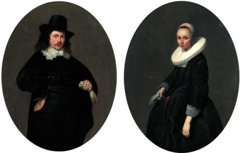 Portraits of a gentleman and a lady, small three-quarter-length, each holding a glove, he in a black jacket and a black hat, she in a black dress with a white ruff collar and a head-dress