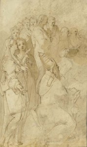 A figure walking to the right, wearing a traveller's hat ( recto ); A group of saints and prelates looking to the right ( verso )
