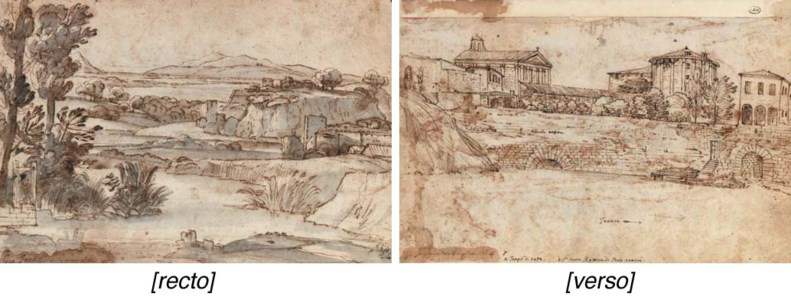 An extensive river landscape, with a fort in the background ( recto ); View of the Tiber with the Temple of Hercules Victor (known as the Temple of Vesta) and the Temple of Portunus (formerly the church of Santa Maria Egiziaca), Rome ( verso )