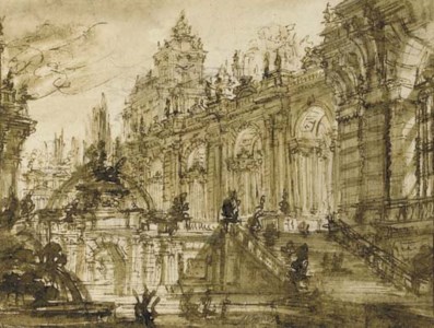 Giovanni Battista Piranesi, An architectural fantasy: the entrance to a palace with a monumental staircase by a fountain