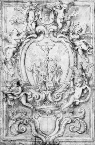 The Crucifixion in a cartouche, surrounded by putti bearing symbols of the Passion: design for a frontispiece