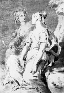 Two girls seated by an urn
