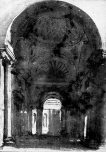 The interior of a vaulted arcade looking onto a colonnaded court