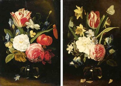 A parrot tulip, a rose, daffodils, morning glory and other flowers in a glass vase, with a butterfly; and A parrot tulip, a rose, a daffodil, morning glory and other flowers in a glass vase