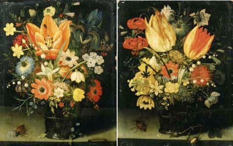 Tulips, roses, a cornflower, lily of the valley, primroses, a snowdrop and other flowers in a roemer , with a snail, two beetles, a ladybird and a caterpillar on a ledge; and An iris, narcissi, and other flowers in a roemer , with a butterfly and other insects on a ledge