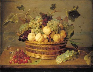 Grapes on the vine and peaches in a basket on a table, with a butterfly, beetle and fly on a wooden ledge