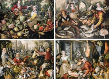 The Four Elements : A Greengrocer's Stall with the Flight into Egypt beyond - an Allegory of Earth; A Fishmonger's Stall in a town with the Miraculous Draught of Fishes beyond - an Allegory of Water; A Poultry Stall in a town with the Prodigal Son beyond - an Allegory Air; and A kitchen scene with Christ in the House of Mary and Martha beyond - an Allegory of Fire.